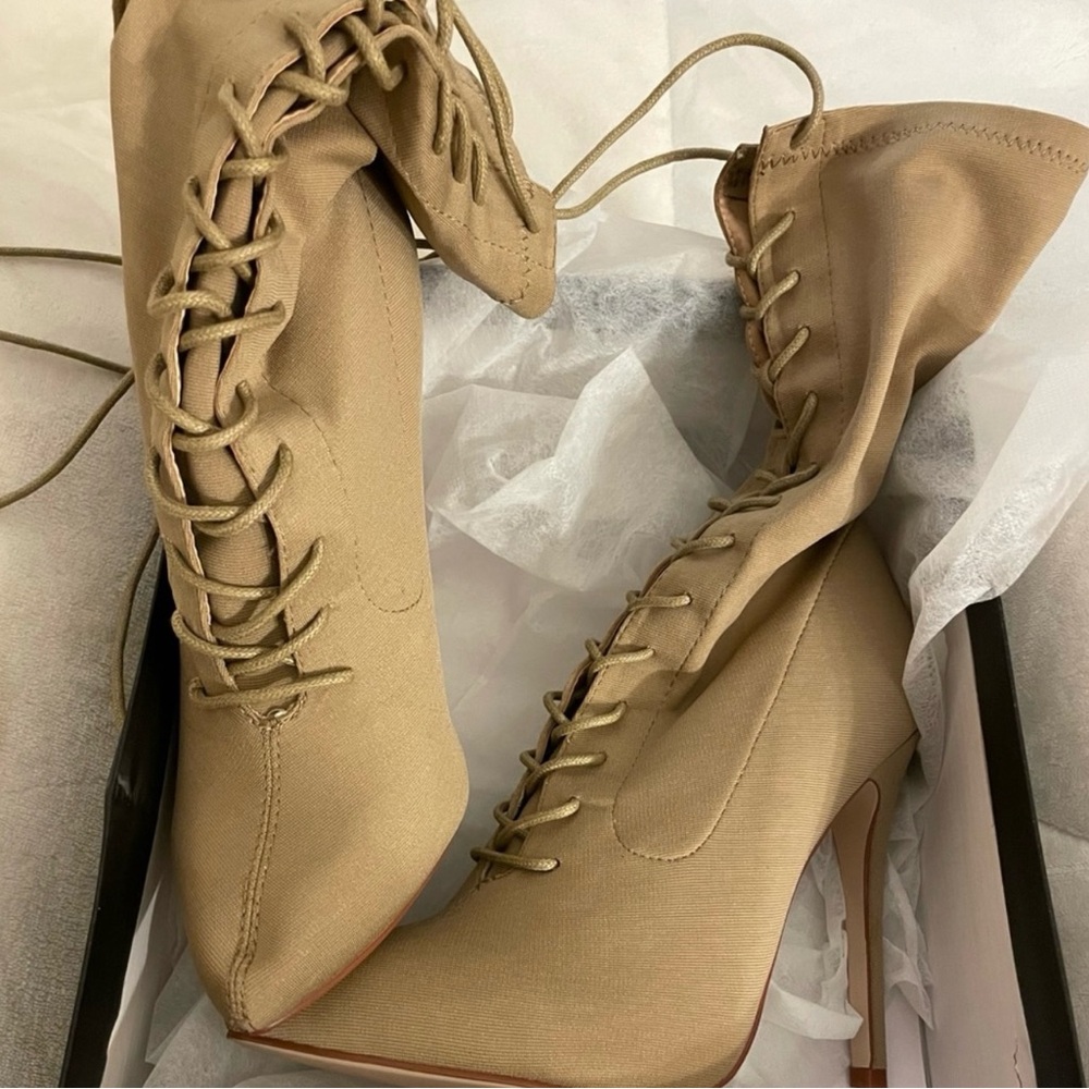 PrettyLittleThing Tan Lace Up Boots with Stiletto Heel